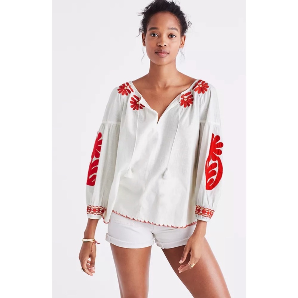 Madewell White With Red Embroidered Long Sleeve Top Size XS